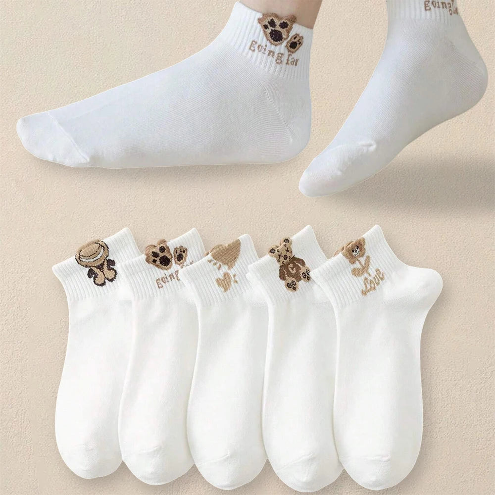 5/10/20 Pairs Women Cartoon Teddy Bear Patterned Ankle Socks Versatile Fashionable Creative Breathable Comfortable Casual Socks