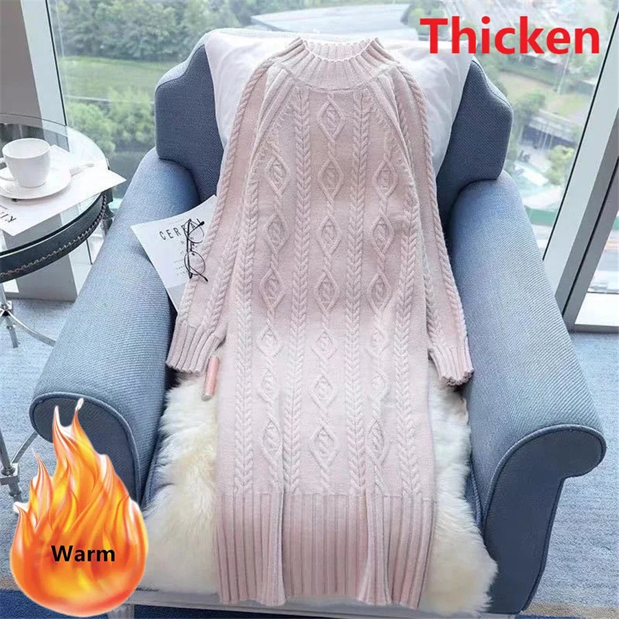 Winter Thicken Plush Velvet Lined Sweater Dress Women's Fall Half Turtleneck Rib Knit Bottom Dresses Elegant Warm Vestido Midi