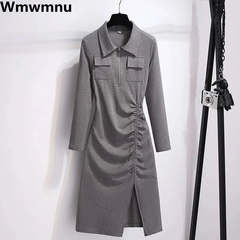 Split Drawstring Polo Dresses Women's Casual Slim Long/Short Sleeve Spring Summer Bodycon Dresses Design Pleated Korean Vestido