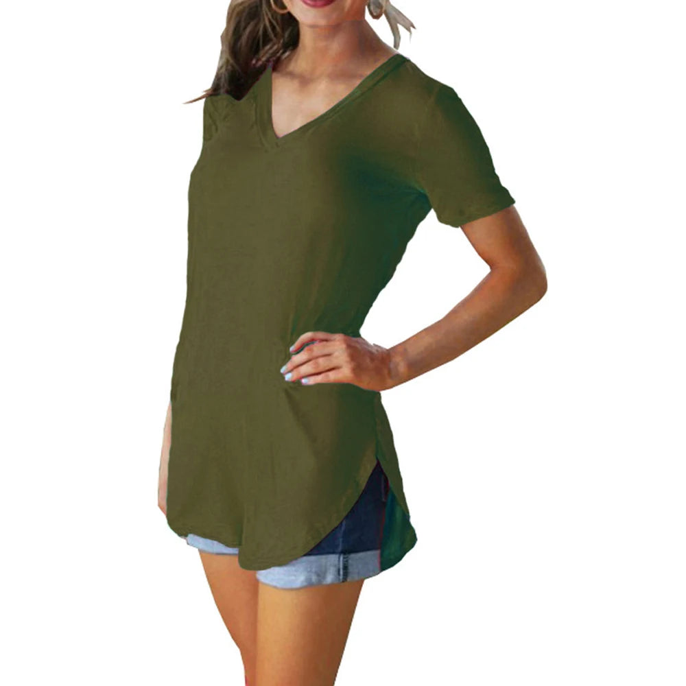 Summer solid color blouse V-neck short sleeve loose T-shirt hem arc women clothes