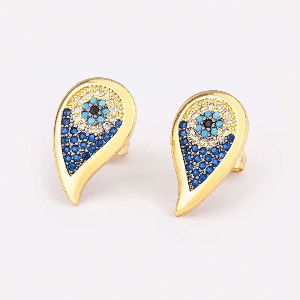 Turkish Evil Eye Colorful Zircon Stud Earrings For Women Water Drop Gold Plated Crystal Ear Jewelry Gift