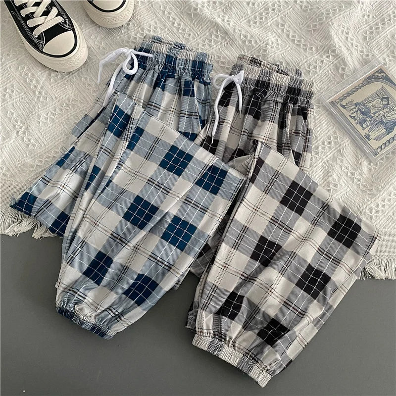 Casual Pants for Women Korean New Fashion Loose Black Plaid Summer Harajuku Students Harem Long Pants Streetwear Trousers Chic