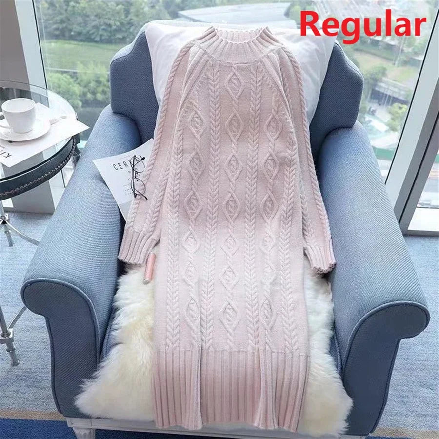 Winter Thicken Plush Velvet Lined Sweater Dress Women's Fall Half Turtleneck Rib Knit Bottom Dresses Elegant Warm Vestido Midi