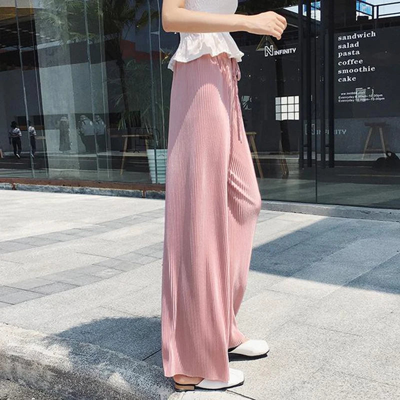 Women's Wide Leg Pants Pleated Ice Silk Trousers Elastic Waist Loose Casual Pants