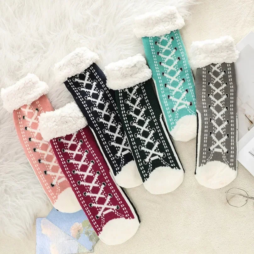 Thermal Fluffy Sock Women Winter Warm Plush Non Slip Home Sleeping Soft Female Floor Grip Fuzzy Slipper Sock Short Funny Zipper