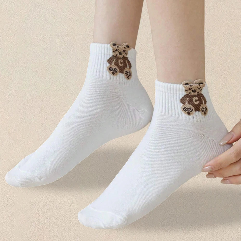 5/10/20 Pairs Women Cartoon Teddy Bear Patterned Ankle Socks Versatile Fashionable Creative Breathable Comfortable Casual Socks