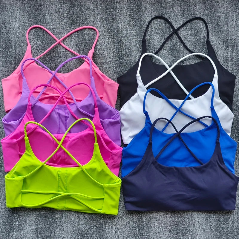 Solid Color Support Women Fitness Bra Yoga Vest Gym Sport Top Hollow back Push With Chest Pad Four Shoulder Straps Cross-back