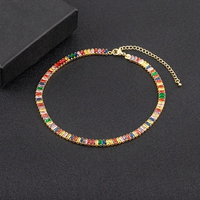 Colorful Necklace for Women Rectangular Full Zircon Neck Jewelry Adjustable Wedding Party Gift