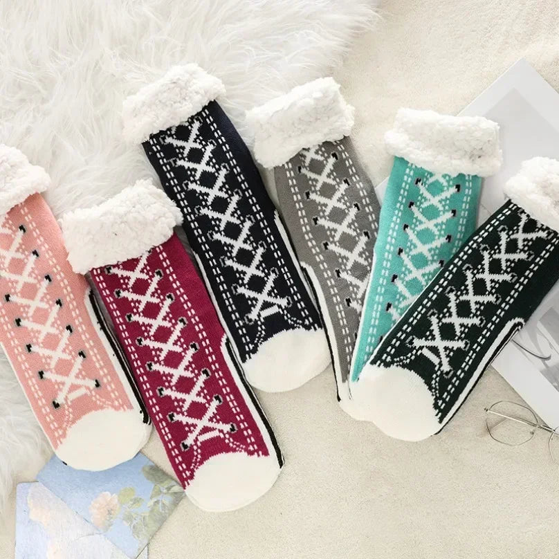 Thermal Fluffy Sock Women Winter Warm Plush Non Slip Home Sleeping Soft Female Floor Grip Fuzzy Slipper Sock Short Funny Zipper