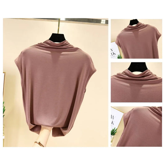 Modal MockNeck Tshirt Sleeveless Summer Women Slimming T-Shirt Solid color Soft Basic Tee Tops