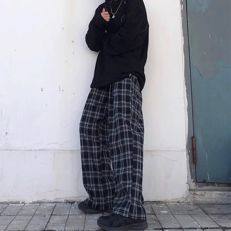 Oversize Pants Women Sweatpants Summer Fashion Black Plaid Casual Pants Elastic Waist Casual Pockets Student Unisex Trousers