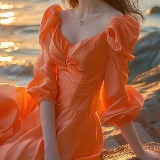 Beach Orange Satin Dress Summer Women's High-End Chic Elegant French Dresses Y2K V-Neck Five-Sleeve Bohemian Party Vestidos