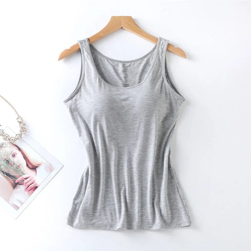 Women's Vest Tops With Built In Bra Neck Vest Padded Slim Fit Tank Tops Sexy Shirts Feminino Casual Underlay shirt slimming